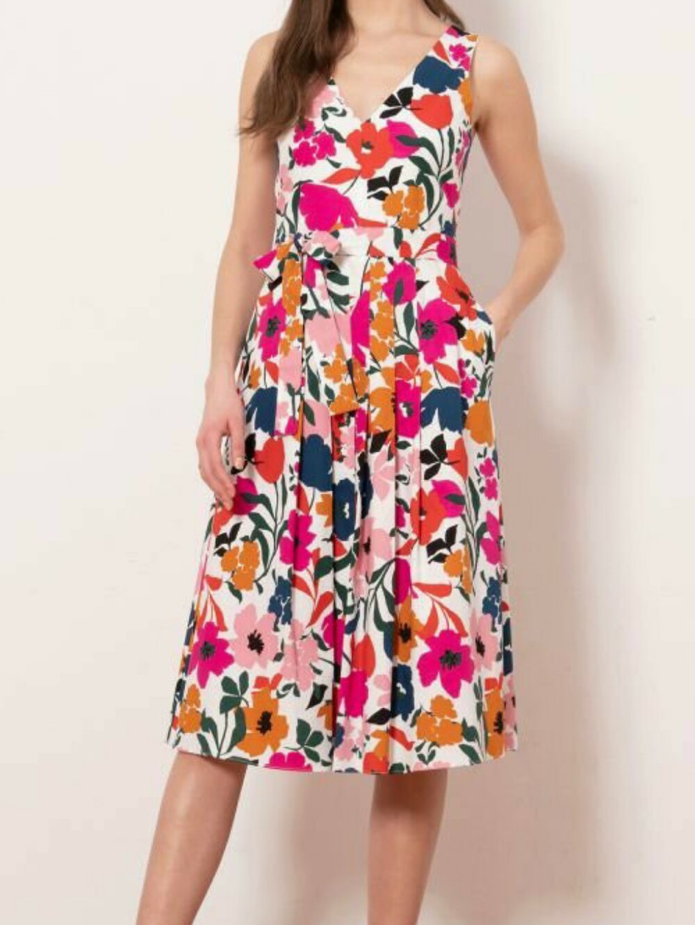 Donna Morgan Sleeveless Floral Shani Pleated V-Neck Midi Dress Size 8 Cotton